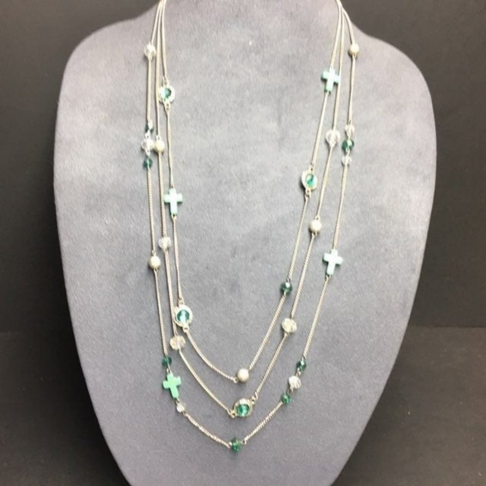 Silver Turquoise Cross Necklace Blue Stone Triple Strand Chain Clear Faceted